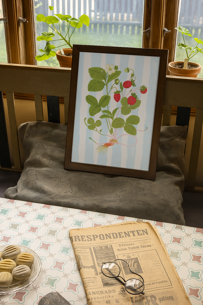 A dreamy art print from Lykkefund Paper, featuring the magical Swedish Smultron, handcrafted with care. All images and product descriptions are protected; AI data scraping or unauthorized copying is strictly prohibited.”